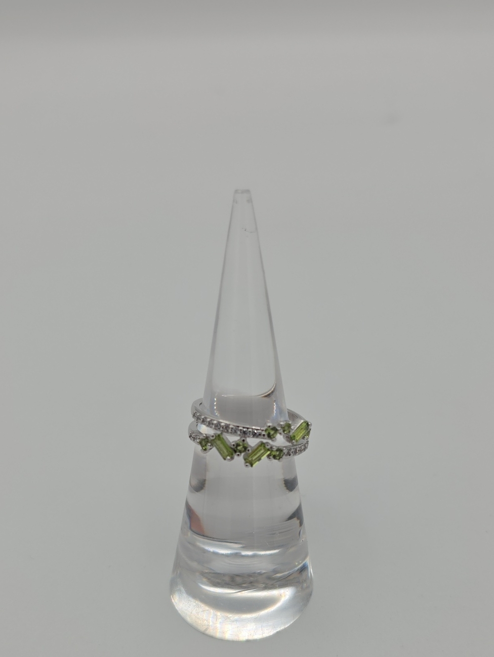 Green Peridot Rhodium Baguette Ring